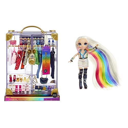 Rainbow High Deluxe Fashion Closet Spielset – 400+ modische Looks! Tragbarer transparenter Acryl-Spielzeugschrank & Exklusive Amaya Raine Puppe mit extra langem Haar und waschbaren 5-in-1-Farben von Rainbow High