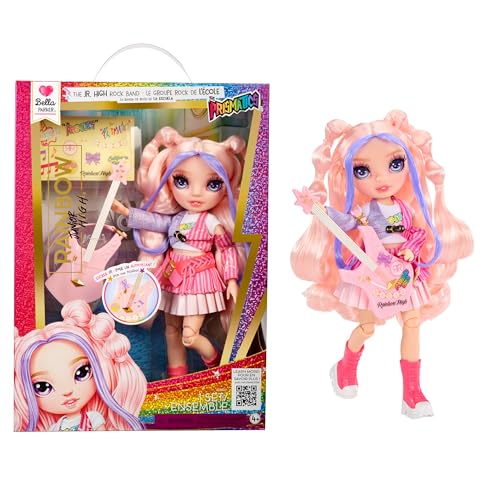 Rainbow High Junior High Rock Band - Bella, Pink - 23 cm Modepuppe mit Bassgitarre, Individuell mit Aufklebern Gestaltbar, Beweglich, Süßes Spielzeug für Kinder ab 4 Jahren von Rainbow High