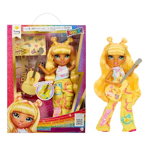 Rainbow High Junior High Rock Band - Sunny, Gelb - 23 cm Modepuppe mit Gitarre, Individuell mit Aufklebern Gestaltbar, Beweglich, Süßes Spielzeug für Kinder ab 4 Jahren von Rainbow High