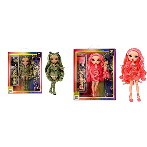 Rainbow High Modepuppe – Olivia Woods - Camo Grün Puppe- 4-12 Jahren & Modepuppe – Priscilla Perez - Pinke Puppe – Modisches Outfit & 10+ farbenfrohe Spiel-Accessoires von Rainbow High
