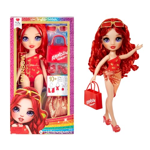 Rainbow High Swim & Style - Ruby (Rot) - 28 cm Große Puppe mit Schimmerndem Pareo, auf 10+ Arten zu tragen - Ausziehbarer Badeanzug, Sandalen, Spielzubehör - Spielzeug - Ideal für 4 bis 12 Jahre von Rainbow High