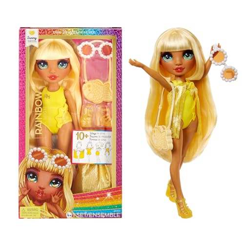 Rainbow High Swim & Style - Sunny (Gelb) - 28 cm Große Puppe mit Schimmerndem Pareo, auf 10+ Arten zu tragen - Ausziehbarer Badeanzug, Sandalen, Spielzubehör - Spielzeug - Ideal für 4 bis 12 Jahre von Rainbow High