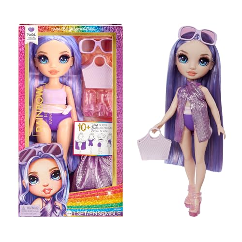 Rainbow High Swim & Style - Violet (Lila) - 28 cm Große Puppe mit Schimmerndem Pareo, auf 10+ Arten zu tragen - Ausziehbarer Badeanzug, Sandalen, Spielzubehör - Spielzeug - Ideal für 4 bis 12 Jahre von Rainbow High