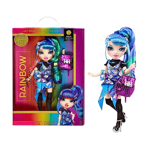 Rainbow Junior High Special Edition - Holly DE-VIOUS - 23 cm große Blau-grüne Modepuppe mit Zubehör und aufklappbarem, weichem Rucksack - Geschenk & Sammlerstück für Kinder von 4-12 Jahren von Rainbow High