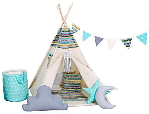 Rainbow Kids Tipi Zelt für Kinder | Baumwollsegeltuch Tippi Kinderzelt, Mehrere Muster und Farben mit und ohne Spielzubehör für Outdoor- und Indoor-Kinderspaß (Apache, mit Zubehör) von Rainbow Kids