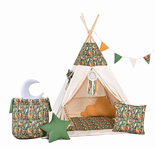 Rainbow Kids Tipi Zelt für Kinder | Baumwollsegeltuch Tippi Kinderzelt, Mehrere Muster und Farben mit und ohne Spielzubehör für Outdoor- und Indoor-Kinderspaß (Dschungel, mit Zubehör) von Rainbow Kids