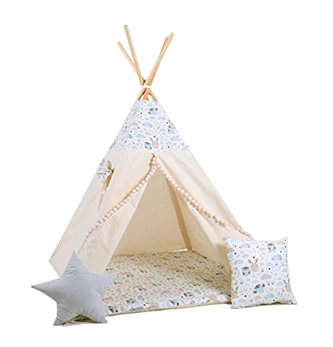 Rainbow Kids Tipi Zelt für Kinder | Baumwollsegeltuch Tippi Kinderzelt, Mehrere Muster und Farben mit und ohne Spielzubehör für Outdoor- und Indoor-Kinderspaß (Eulchen und Hasi, mit Zubehör (klein)) von Rainbow Kids