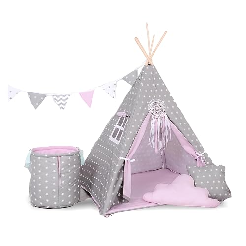 Rainbow Kids Tipi Zelt für Kinder | Baumwollsegeltuch Tippi Kinderzelt, Mehrere Muster und Farben mit und ohne Spielzubehör für Outdoor- und Indoor-Kinderspaß (Grauer Stern, mit Zubehör) von Rainbow Kids
