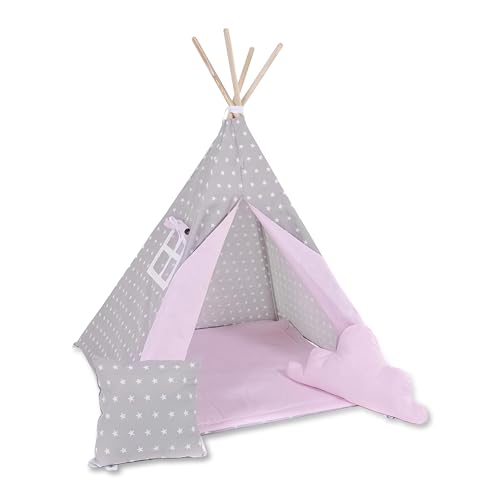 Rainbow Kids Tipi Zelt für Kinder | Baumwollsegeltuch Tippi Kinderzelt, Mehrere Muster und Farben mit und ohne Spielzubehör für Outdoor- und Indoor-Kinderspaß (Grauer Stern, mit Zubehör (klein)) von Rainbow Kids