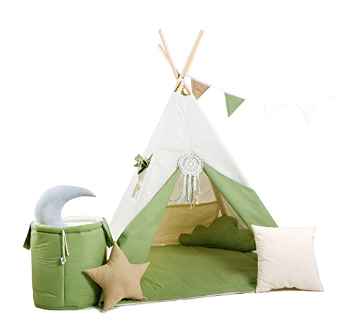 Rainbow Kids Tipi Zelt für Kinder | Baumwollsegeltuch Tippi Kinderzelt, Mehrere Muster und Farben mit und ohne Spielzubehör für Outdoor- und Indoor-Kinderspaß (Grüner Wolf, mit Zubehör) von Rainbow Kids