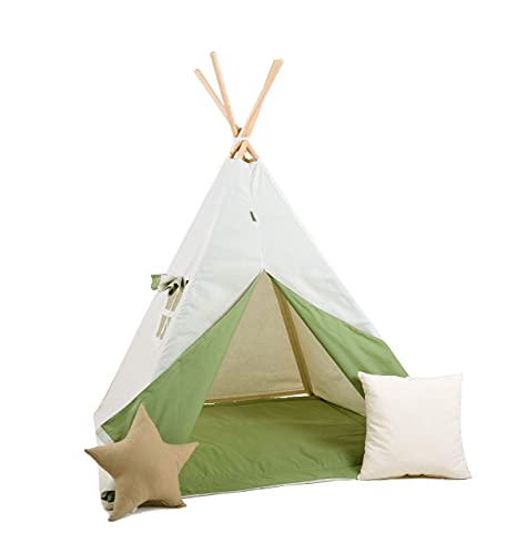 Rainbow Kids Tipi Zelt für Kinder | Baumwollsegeltuch Tippi Kinderzelt, Mehrere Muster und Farben mit und ohne Spielzubehör für Outdoor- und Indoor-Kinderspaß (Grüner Wolf, mit Zubehör (klein)) von Rainbow Kids