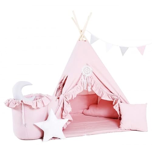 Rainbow Kids Tipi Zelt für Kinder | Baumwollsegeltuch Tippi Kinderzelt, Mehrere Muster und Farben mit und ohne Spielzubehör für Outdoor- und Indoor-Kinderspaß (Rosa Prinzessin, mit Zubehör) von Rainbow Kids