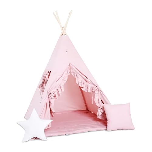 Rainbow Kids Tipi Zelt für Kinder | Baumwollsegeltuch Tippi Kinderzelt, Mehrere Muster und Farben mit und ohne Spielzubehör für Outdoor- und Indoor-Kinderspaß (Rosa Prinzessin, mit Zubehör (klein)) von Rainbow Kids