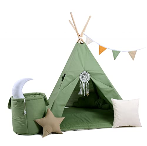 Rainbow Kids Tipi Zelt für Kinder | Baumwollsegeltuch Tippi Kinderzelt, Mehrere Muster und Farben mit und ohne Spielzubehör für Outdoor- und Indoor-Kinderspaß (Waldgeist, mit Zubehör) von Rainbow Kids