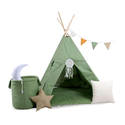 Rainbow Kids Tipi Zelt für Kinder | Baumwollsegeltuch Tippi Kinderzelt, Mehrere Muster und Farben mit und ohne Spielzubehör für Outdoor- und Indoor-Kinderspaß (Waldgeist, mit Zubehör) von Rainbow Kids