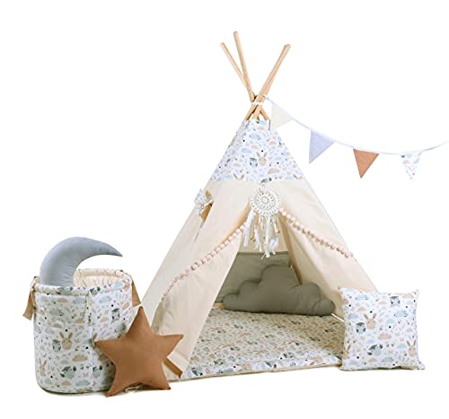 Rainbow Kids Tipi Zelt für Kinder | Baumwollsegeltuch Tippi Kinderzelt, Mehrere Muster und Farben mit und ohne Spielzubehör für Outdoor- und Indoor-Kinderspaß (Eulchen und Hasi, mit Zubehör) von Rainbow Kids