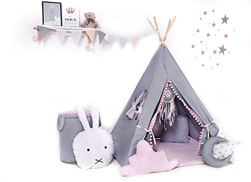 Rainbow Kids Tipi Zelt für Kinder | Baumwollsegeltuch Tippi Kinderzelt, Mehrere Muster und Farben mit und ohne Spielzubehör für Outdoor- und Indoor-Kinderspaß (Grauer Hase, mit Zubehör) von Rainbow Kids