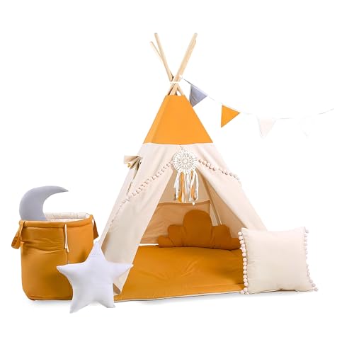 Rainbow Kids Tipi Zelt für Kinder | Baumwollsegeltuch Tippi Kinderzelt, Mehrere Muster und Farben mit und ohne Spielzubehör für Outdoor- und Indoor-Kinderspaß (mit Zubehör, Honigland) von Rainbow Kids