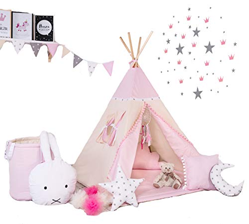 Rainbow Kids Tipi Zelt für Kinder | Baumwollsegeltuch Tippi Kinderzelt, Mehrere Muster und Farben mit und ohne Spielzubehör für Outdoor- und Indoor-Kinderspaß (Kleine Königin, mit Zubehör) von Rainbow Kids