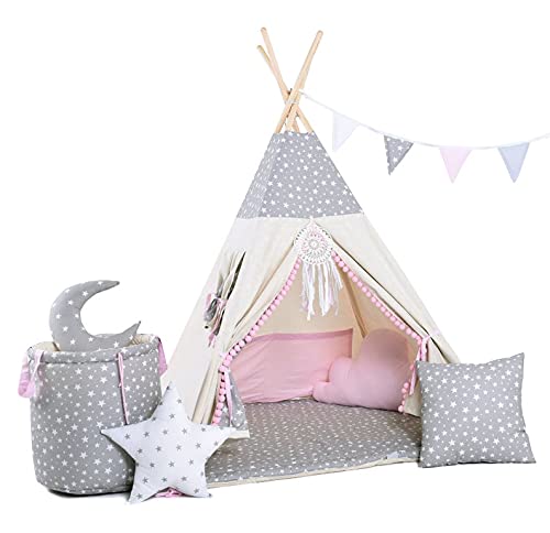 Rainbow Kids Tipi Zelt für Kinder | Baumwollsegeltuch Tippi Kinderzelt, Mehrere Muster und Farben mit und ohne Spielzubehör für Outdoor- und Indoor-Kinderspaß (Wolfstern Rosa, mit Zubehör) von Rainbow Kids