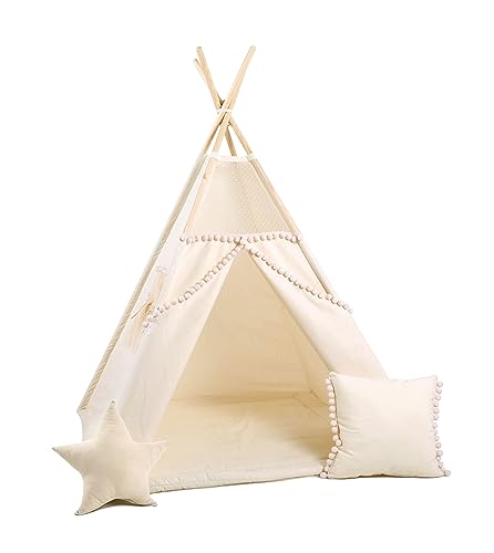 Rainbow Kids Tipi Zelt für Kinder | Baumwollsegeltuch Tippi Kinderzelt, Mehrere Muster und Farben mit und ohne Spielzubehör für Outdoor- und Indoor-Kinderspaß (mit Zubehör (klein), Beiger Punkt) von Rainbow Kids