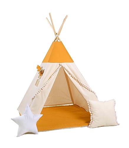 Rainbow Kids Tipi Zelt für Kinder | Baumwollsegeltuch Tippi Kinderzelt, Mehrere Muster und Farben mit und ohne Spielzubehör für Outdoor- und Indoor-Kinderspaß (mit Zubehör (klein), Honigland) von Rainbow Kids