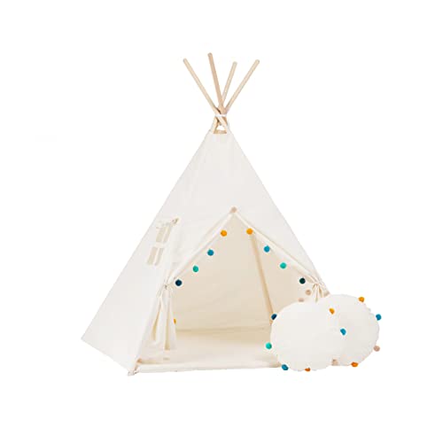 Rainbow Kids Tipi Zelt für Kinder | Baumwollsegeltuch Tippi Kinderzelt, Mehrere Muster und Farben mit und ohne Spielzubehör für Outdoor- und Indoor-Kinderspaß (Pompon, mit Zubehör (klein)) von Rainbow Kids