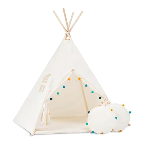 Rainbow Kids Tipi Zelt für Kinder | Baumwollsegeltuch Tippi Kinderzelt, Mehrere Muster und Farben mit und ohne Spielzubehör für Outdoor- und Indoor-Kinderspaß (Pompon, mit Zubehör (klein)) von Rainbow Kids