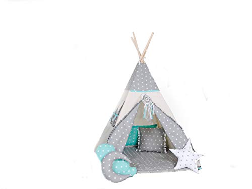 Rainbow Kids Tipi Zelt für Kinder | Baumwollsegeltuch Tippi Kinderzelt, Mehrere Muster und Farben mit und ohne Spielzubehör für Outdoor- und Indoor-Kinderspaß (Wolfstern Grau, mit Zubehör (klein)) von Rainbow Kids