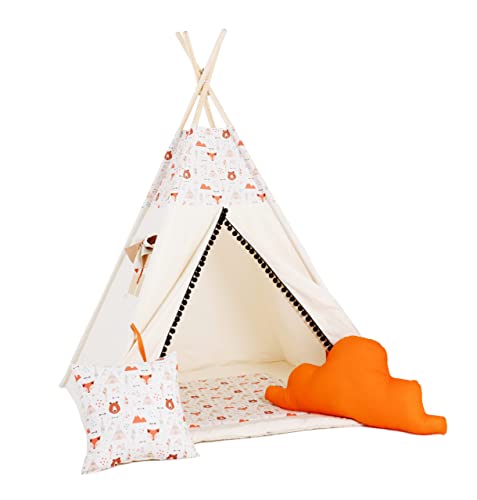 Rainbow Kids Tipi Zelt für kinder | Baumwollsegeltuch Tippi Kinderzelt, Mehrere Muster und Farben mit und ohne Spielzubehör für Outdoor- und Indoor-Kinderspaß (Fuchsi und Bärchen, mit Zubehör (klein)) von Rainbow Kids