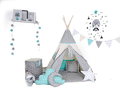 Rainbow Kids Tipi Zelt mit Decke Kissen Fenster Spielzeugkorb Spielzelt Kinderzelt Baumwolle Indianerzelt für Kinder drinnen draußen (mit Elementen, Wolf Stern Grau) von Rainbow Kids