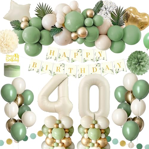 Deko 40 Geburtstag Frau Mann,Geburtstagsdeko 40 Männer Frauen,40 Geburtstag Frauen Avocado Grüne Gold Sandweiß Luftballons mit Happy Birthday Banner,Pompoms für Frau Mann 40. Geburtstag Dekorationen von Rainllon