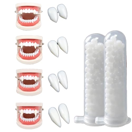 4 Paare Halloween Vampirzähne Gebiss Fangs, Vampir Zähne in 4 Größen mit 2 Rohr Pellets Klebstoff, Gefälschte Reißzähne Kits für Halloween Party, Cosplay Kostüm, Maskenbälle und Horror Party von Rainway