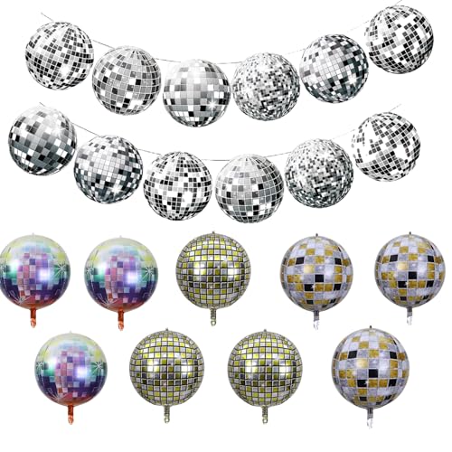 Rainway 9 Stück Discokugel Luftballon, 22 Zoll 4D Disco Folienballons, 1 Stück Discokugel Deko Banner, für Disco-Mottoparty Geburtstag Party Mitzvah Abschlussfeier Dekoration von Rainway