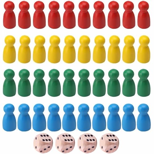 Rakiuty Bunte Spielfiguren,Spielfiguren aus Holz für Brettspiele,Bunte Halmakegel,40 Pcs Halmakegel aus Holz und 4 Pcs Würfel von Rakiuty