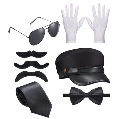 Ralondbey Hut Chauffeur Anzug Halloween Chauffeur Hut und Brille Schnurrbärte Fliege Set für Rollenspiele Chauffeur von Ralondbey