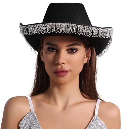 Ralondbey Hut Westernhut Dame Cosplay Hut Rollkrempe Hut Fransen Strass Cowgirlhut Junggesellinnenabschied Kopfbedeckung Zubehör Ralondbey Hut Westernhut Dame Cosplay Hut Rollkrempe Hut Fransen Strass Cowgirlhut Junggesellinnenabschied Kopfbedeckung Zubehör von Ralondbey