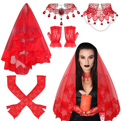 Ramede 5 Stück Halloween Damen Braut Cosplay Kostüm Tüll Schleier Fingerlose Spitze Rote Handschuhe Gothic Choker Halsband, Klassische Farbe / Rot, Einheitsgröße von Ramede