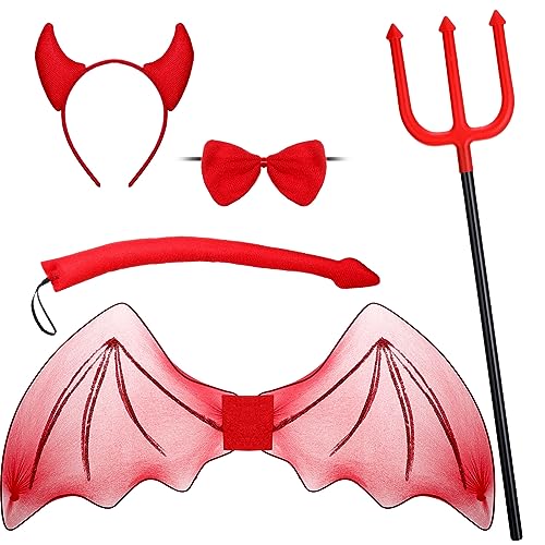 Ramede 5-teiliges Halloween-Teufelskostüm-Set enthält Teufelsflügel, Dreizack-Requisite, Fliege, Schwanz, Dämonenhorn, Stirnband, Zubehör für Damen und Herren, Cosplay, Karneval, Motto-Party-Zubehör Ramede 5-teiliges Halloween-Teufelskostüm-Set enthält Teufelsflügel, Dreizack-Requisite, Fliege, Schwanz, Dämonenhorn, Stirnband, Zubehör für Damen und Herren, Cosplay, Karneval, Motto-Party-Zubehör von Ramede