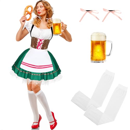 Ramede 6 Stück Frauen Bier Oktoberfest Kostüm Deutsches Kleid Rock Unterstützung Lange Socke Haarband Bierkrug für Halloween Party (groß) von Ramede