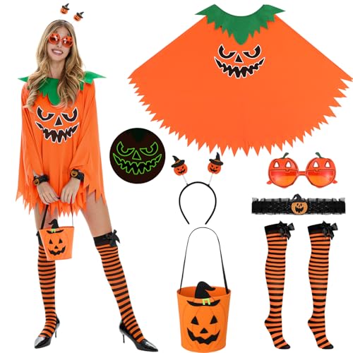 Ramede 7-teiliges Halloween-Kürbis-Kostüm für Damen, leuchtet im Dunkeln, Kürbis-Poncho für Erwachsene, mit Haarband, Tasche, Brille, lange Strümpfe für Halloween-Kostümparty Ramede 7-teiliges Halloween-Kürbis-Kostüm für Damen, leuchtet im Dunkeln, Kürbis-Poncho für Erwachsene, mit Haarband, Tasche, Brille, lange Strümpfe für Halloween-Kostümparty von Ramede