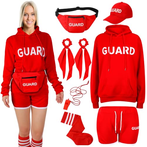 Ramede 8-teiliges Halloween-Wach-Kostüm-Set mit Kapuze, kurzer Hut, Bauchtasche, Notfallpfeife mit Umhängeband für Damen, Größe L von Ramede