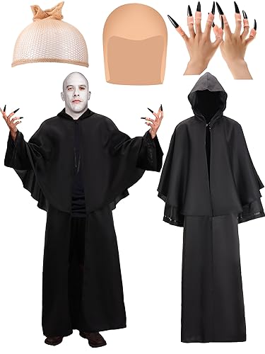 Ramede Halloween-Zauberer-Kostüm mit schwarzen Umhängen, kahlen Kappe, Haarnetz und künstlichen Fingernägeln, für Urlaub, Cosplay, Party, Herren, Größe L von Ramede