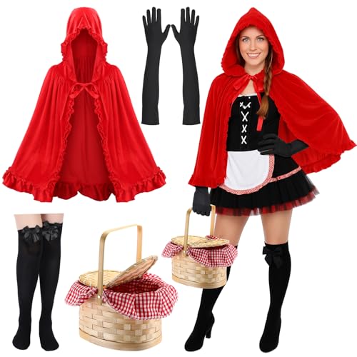 Ramede Kurzer Halloween-Umhang mit Kapuze für Damen, mit Ellenbogenlänge, Handschuhe, Schleife, Oberschenkel, Strümpfe, roter Gingham-Handkorb für rote Mütze, Halloween, Cosplay, 4 Stück Ramede Kurzer Halloween-Umhang mit Kapuze für Damen, mit Ellenbogenlänge, Handschuhe, Schleife, Oberschenkel, Strümpfe, roter Gingham-Handkorb für rote Mütze, Halloween, Cosplay, 4 Stück von Ramede