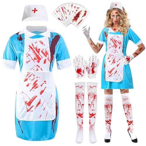 Randomgo Krankenschwester Zombie Set, Zombie Krankenschwester Kostüm Damen, Halloween Kostüm Erwachsene, Horror Blutige Krankenhausar kleid Uniform Zubehör (L) von Randomgo