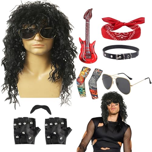 Ranley 80er-Rocker-Kostüme für Herren,80er-Rocker-Kostüm | 10 Stück Rocker-Perücke mit Bandana-Sonnenbrille,Komplettes Punk-Party-Zubehör, inklusive Perücke, Stirnband, Kragen, Sonnenbrille, von Ranley