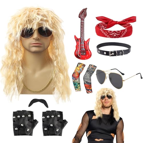 Ranley Rocker-Kostüm-Set, 80er-Jahre-Rocker-Kostüme für Herren, 10-teiliges Rocker-Kostümset aus Metall, Punk-Partyzubehör, inklusive Perücke, Stirnband, Kragen, Sonnenbrille, Handschuhen, Ärmeln, von Ranley