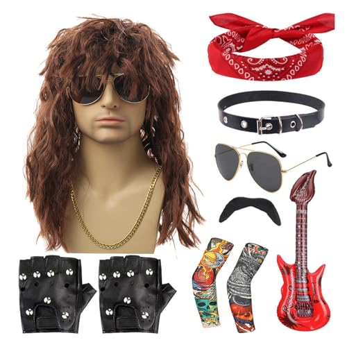 Ranley Rocker-Kostüm-Set, 80er-Jahre-Rocker-Kostüme für Herren,10-teiliges Halloween-80er-Jahre-Rocker-Kostüm-Set - Punk-Partyzubehör, inklusive Perücke, Stirnband, Kragen, Sonnenbrille, Handschuhen, von Ranley