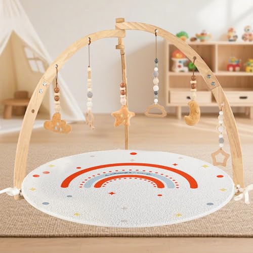 Ranqibo Baby Play Gym & Activity Matte, 6 abnehmbare sensorische Spielzeuge, leicht zusammenklappbare hölzerne Bauchzeitmatte für Säuglinge & Kleinkinder, Baby-Geschenk Ranqibo Baby Play Gym & Activity Matte, 6 abnehmbare sensorische Spielzeuge, leicht zusammenklappbare hölzerne Bauchzeitmatte für Säuglinge & Kleinkinder, Baby-Geschenk von Ranqibo