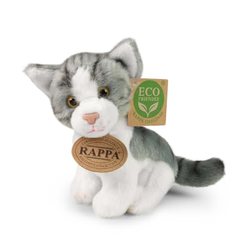 Rappa Kleine Katze Kuscheltier ca. 14 cm – weiches Eco-Friendly Stofftier – Perfekter Begleiter für alle Abenteuer - praktische Schlaufe am Kopf zum Anhängen an Rucksack oder Tasche (A Grau/Weiß) von Rappa